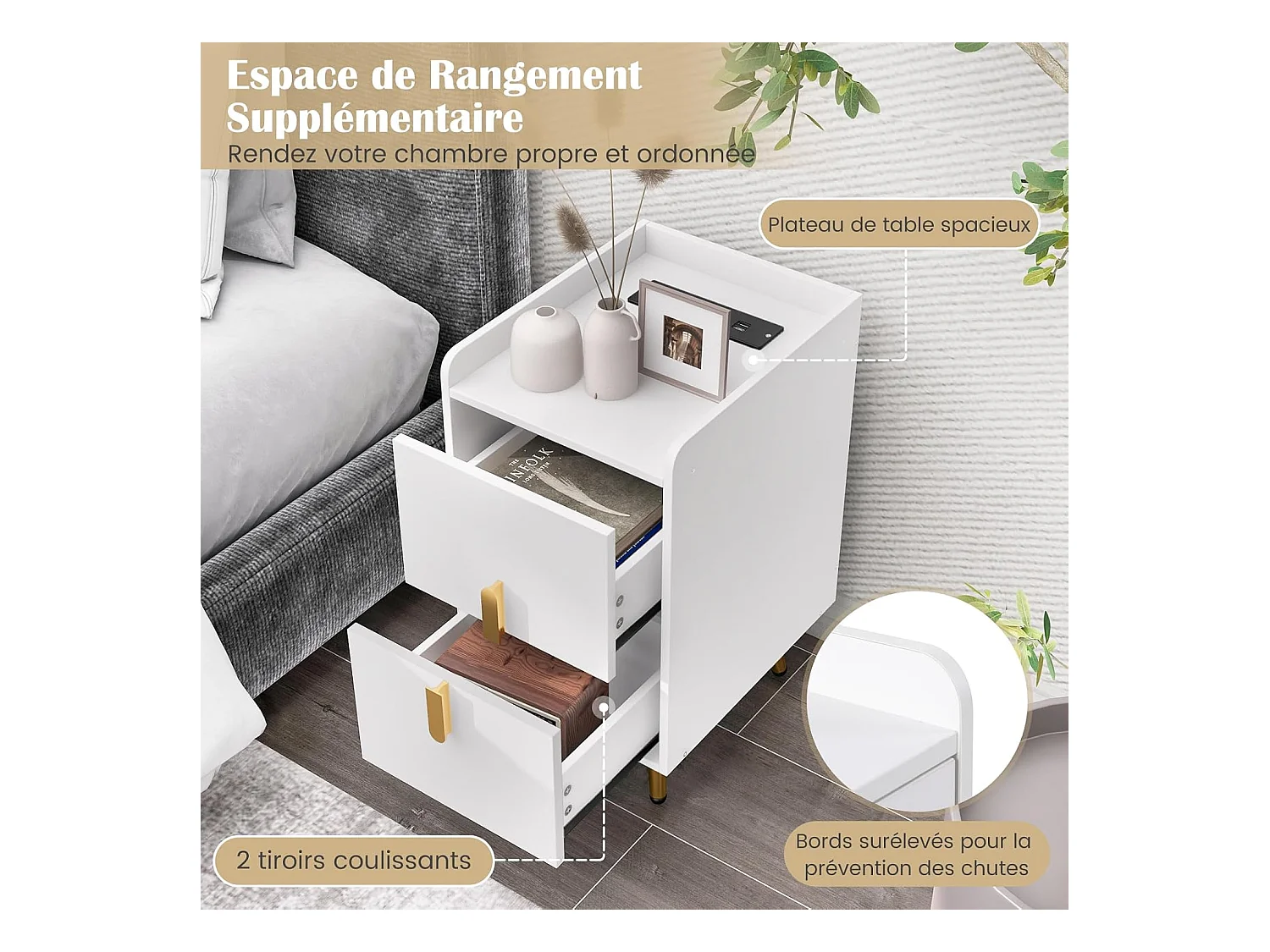 Table de Chevet Intelligente 2 Tiroirs Coulissants, 1 Passe-câble, 2 Ports USB & 3 Prises, Bords Surélevés, Table de Nuit Design, 40 x 32 x 60 cm (Blanc)