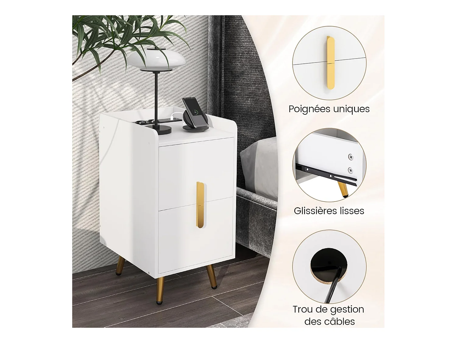 Table de Chevet Intelligente 2 Tiroirs Coulissants, 1 Passe-câble, 2 Ports USB & 3 Prises, Bords Surélevés, Table de Nuit Design, 40 x 32 x 60 cm (Blanc)