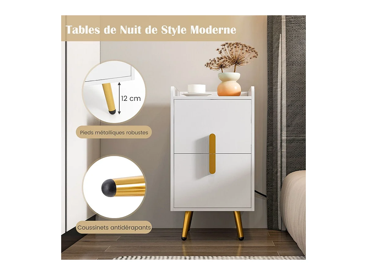 Table de Chevet Intelligente 2 Tiroirs Coulissants, 1 Passe-câble, 2 Ports USB & 3 Prises, Bords Surélevés, Table de Nuit Design, 40 x 32 x 60 cm (Blanc)