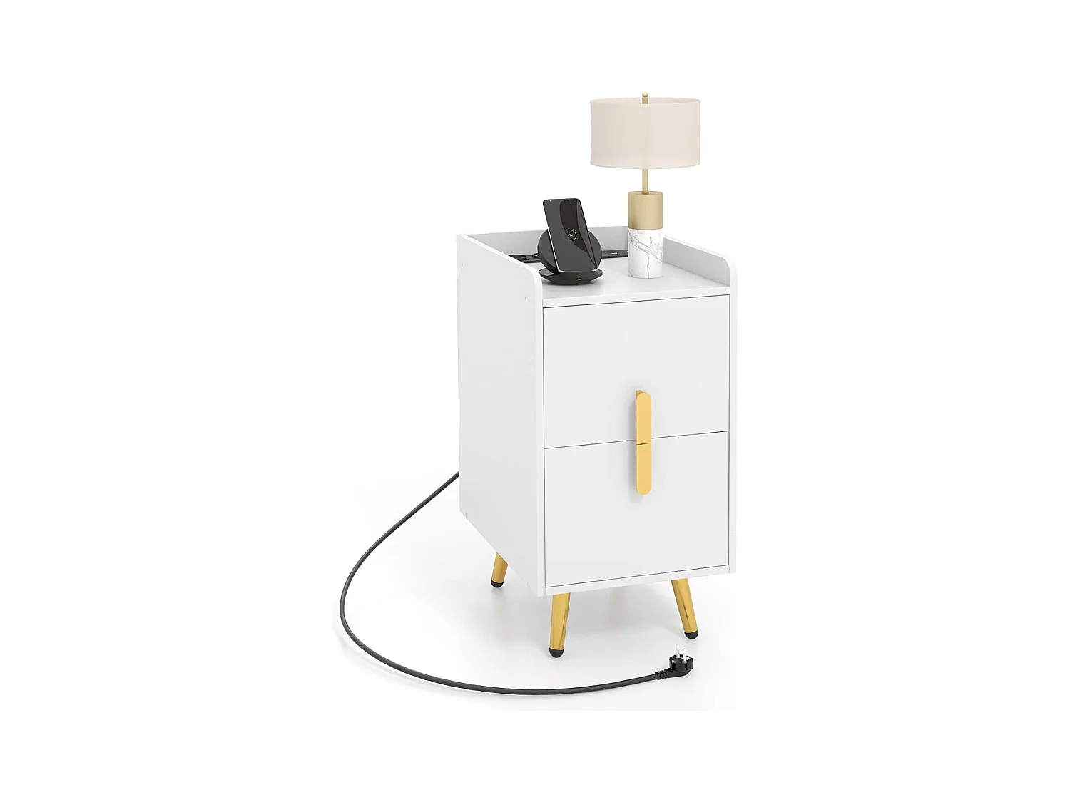 Table de Chevet Intelligente 2 Tiroirs Coulissants, 1 Passe-câble, 2 Ports USB & 3 Prises, Bords Surélevés, Table de Nuit Design, 40 x 32 x 60 cm (Blanc)