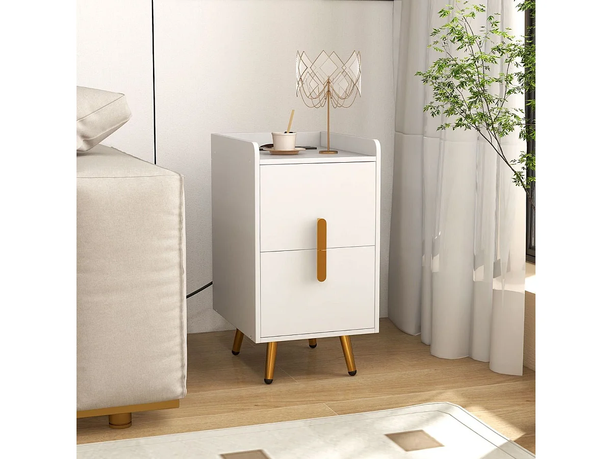 Table de Chevet Intelligente 2 Tiroirs Coulissants, 1 Passe-câble, 2 Ports USB & 3 Prises, Bords Surélevés, Table de Nuit Design, 40 x 32 x 60 cm (Blanc)