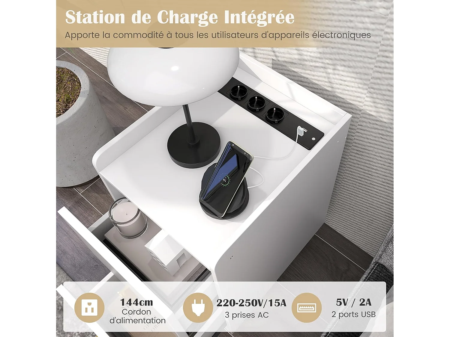 Table de Chevet Intelligente 2 Tiroirs Coulissants, 1 Passe-câble, 2 Ports USB & 3 Prises, Bords Surélevés, Table de Nuit Design, 40 x 32 x 60 cm (Blanc)