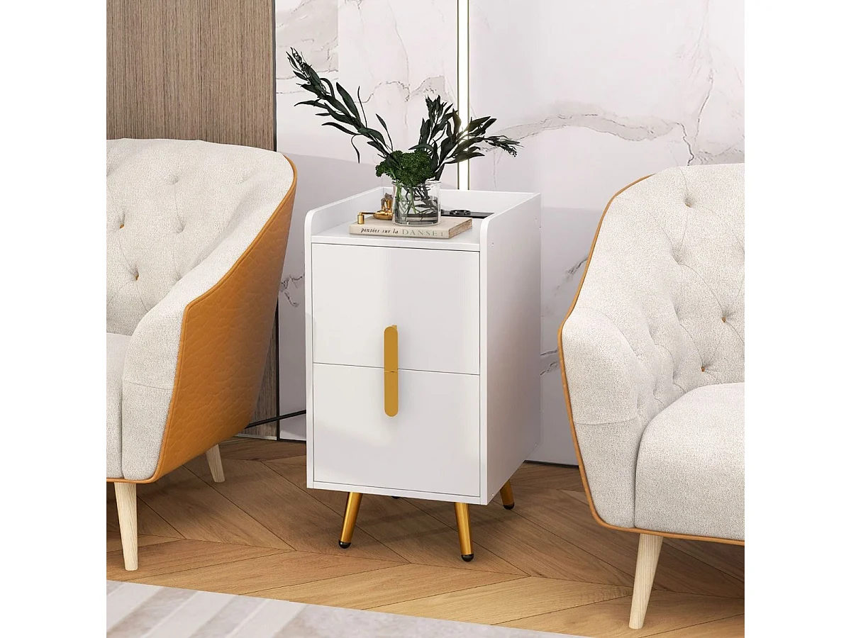 Slim nachtkastje met 2 schuifladen, 1 kabelgoot, 2 USB-poorten en 3 stopcontacten, opstaande randen, design nachtkastje, 40 x 32 x 60 cm (wit)