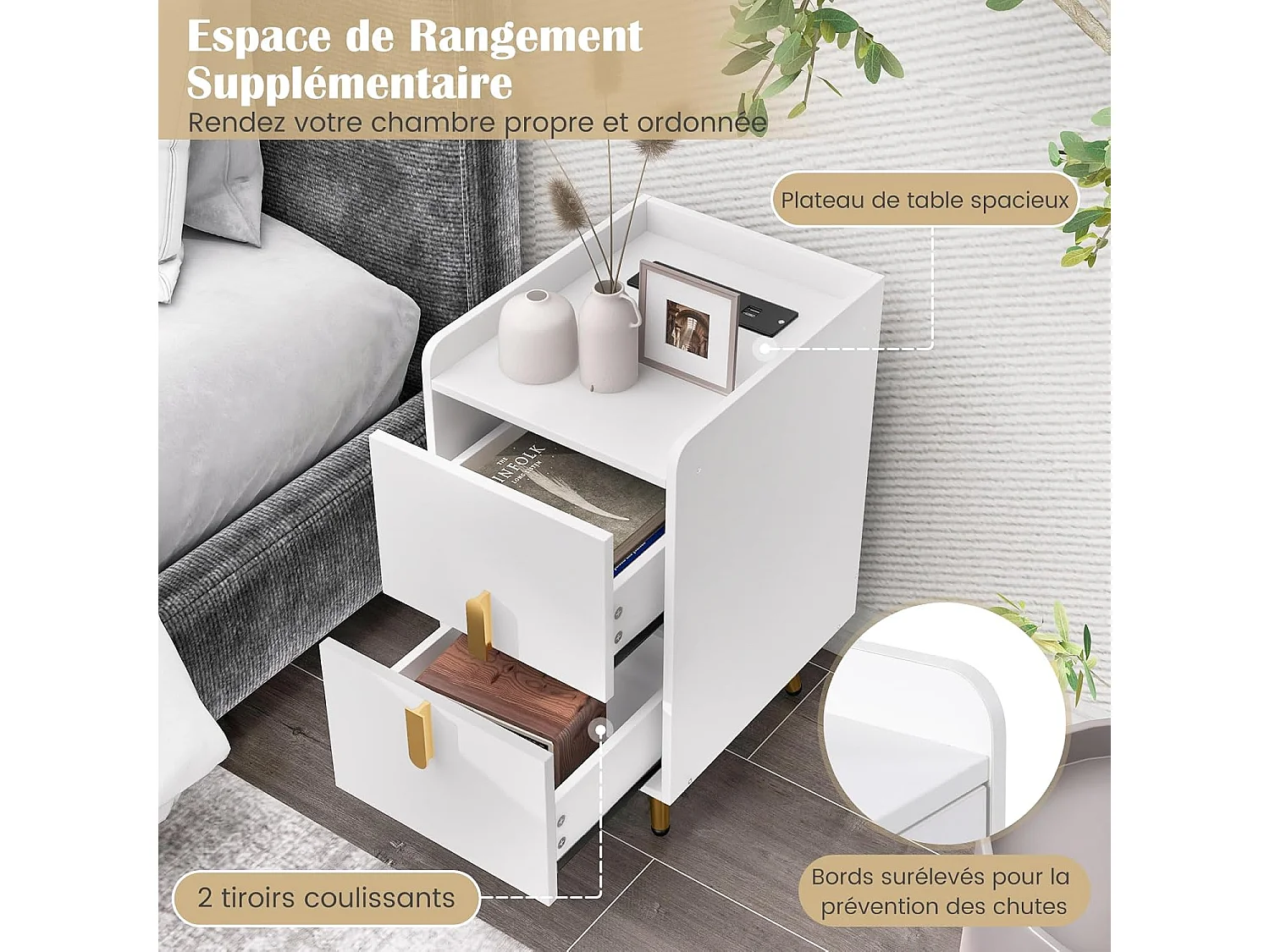 Slim nachtkastje met 2 schuifladen, 1 kabelgoot, 2 USB-poorten en 3 stopcontacten, opstaande randen, design nachtkastje, 40 x 32 x 60 cm (wit)