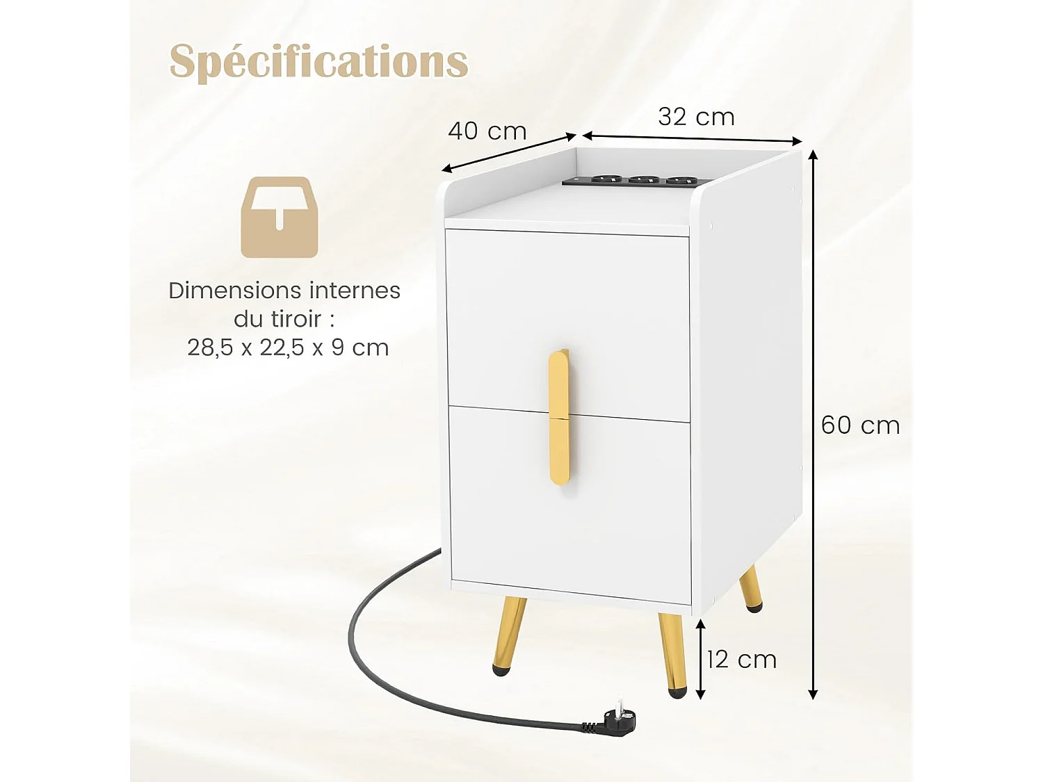 Slim nachtkastje met 2 schuifladen, 1 kabelgoot, 2 USB-poorten en 3 stopcontacten, opstaande randen, design nachtkastje, 40 x 32 x 60 cm (wit)
