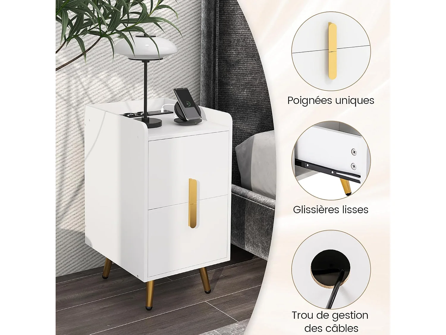 Slim nachtkastje met 2 schuifladen, 1 kabelgoot, 2 USB-poorten en 3 stopcontacten, opstaande randen, design nachtkastje, 40 x 32 x 60 cm (wit)