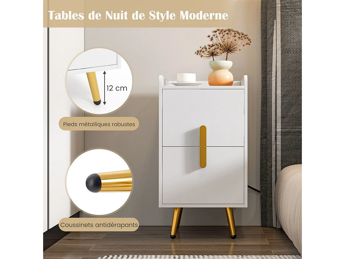 Slim nachtkastje met 2 schuifladen, 1 kabelgoot, 2 USB-poorten en 3 stopcontacten, opstaande randen, design nachtkastje, 40 x 32 x 60 cm (wit)