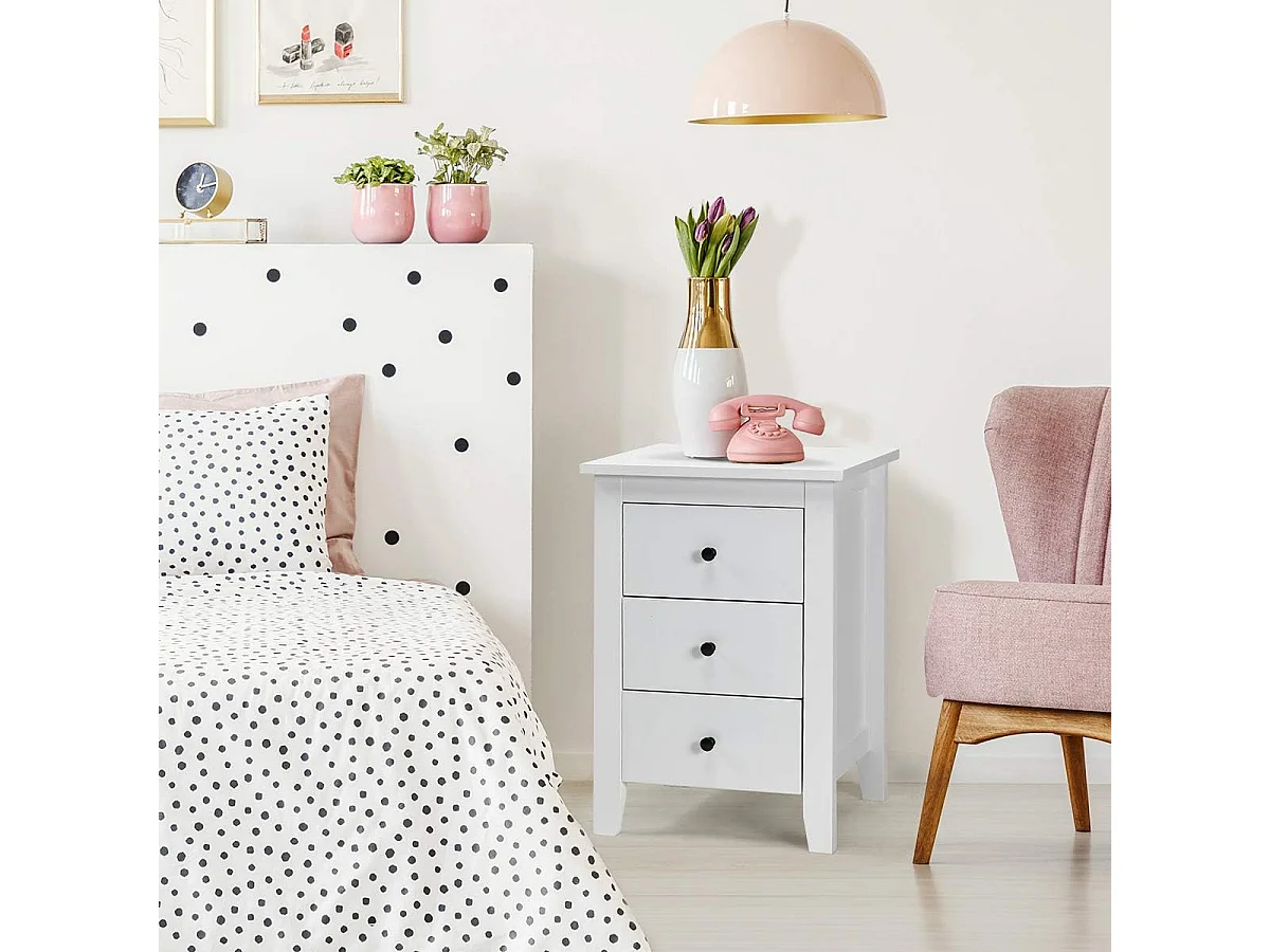 Table de Chevet Lot de 2 avec 3 Tiroirs, Table de Nuit Moderne pour Chambre à Coucher, Bout de Canapé pour Salon, 46 x 37 x 65 cm, Blanc