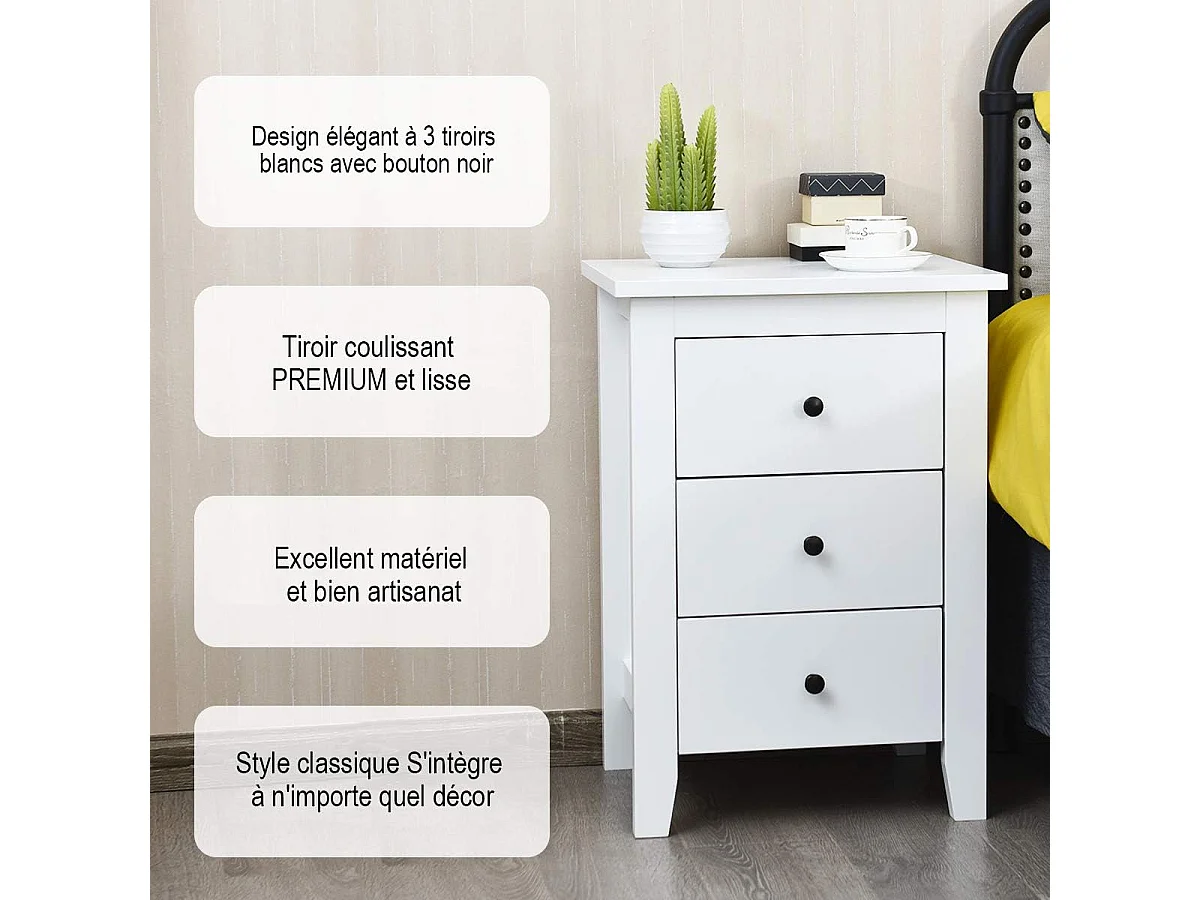 Table de Chevet Lot de 2 avec 3 Tiroirs, Table de Nuit Moderne pour Chambre à Coucher, Bout de Canapé pour Salon, 46 x 37 x 65 cm, Blanc