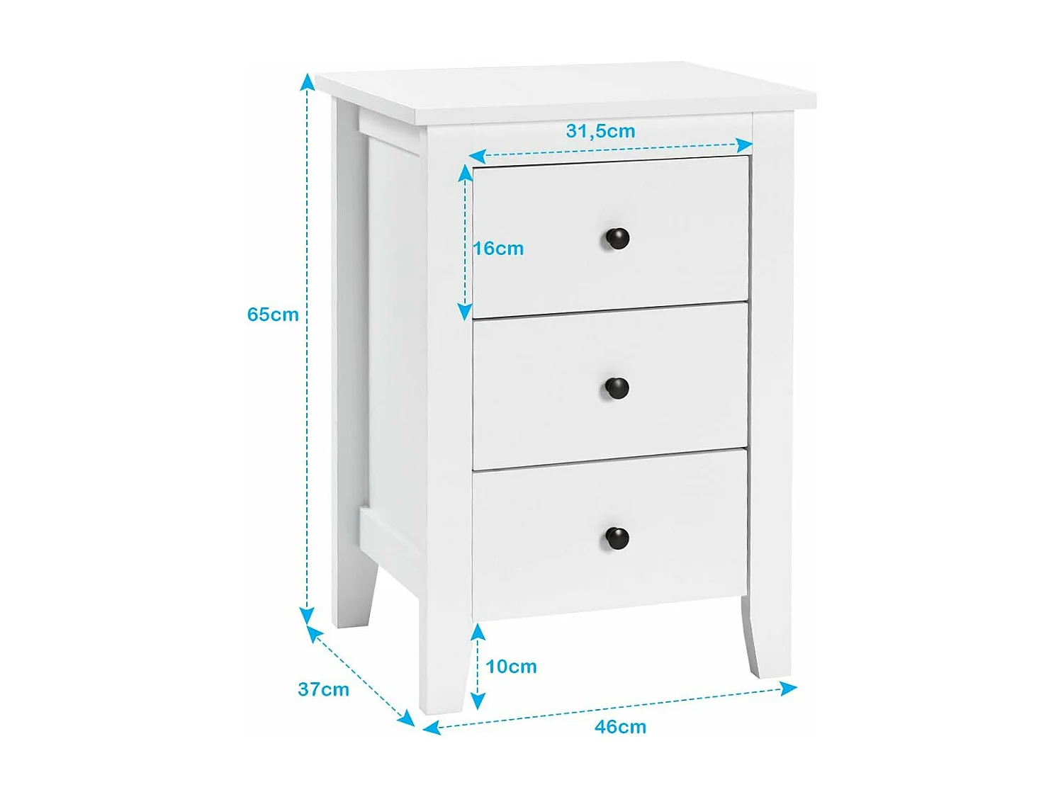Table de Chevet Lot de 2 avec 3 Tiroirs, Table de Nuit Moderne pour Chambre à Coucher, Bout de Canapé pour Salon, 46 x 37 x 65 cm, Blanc