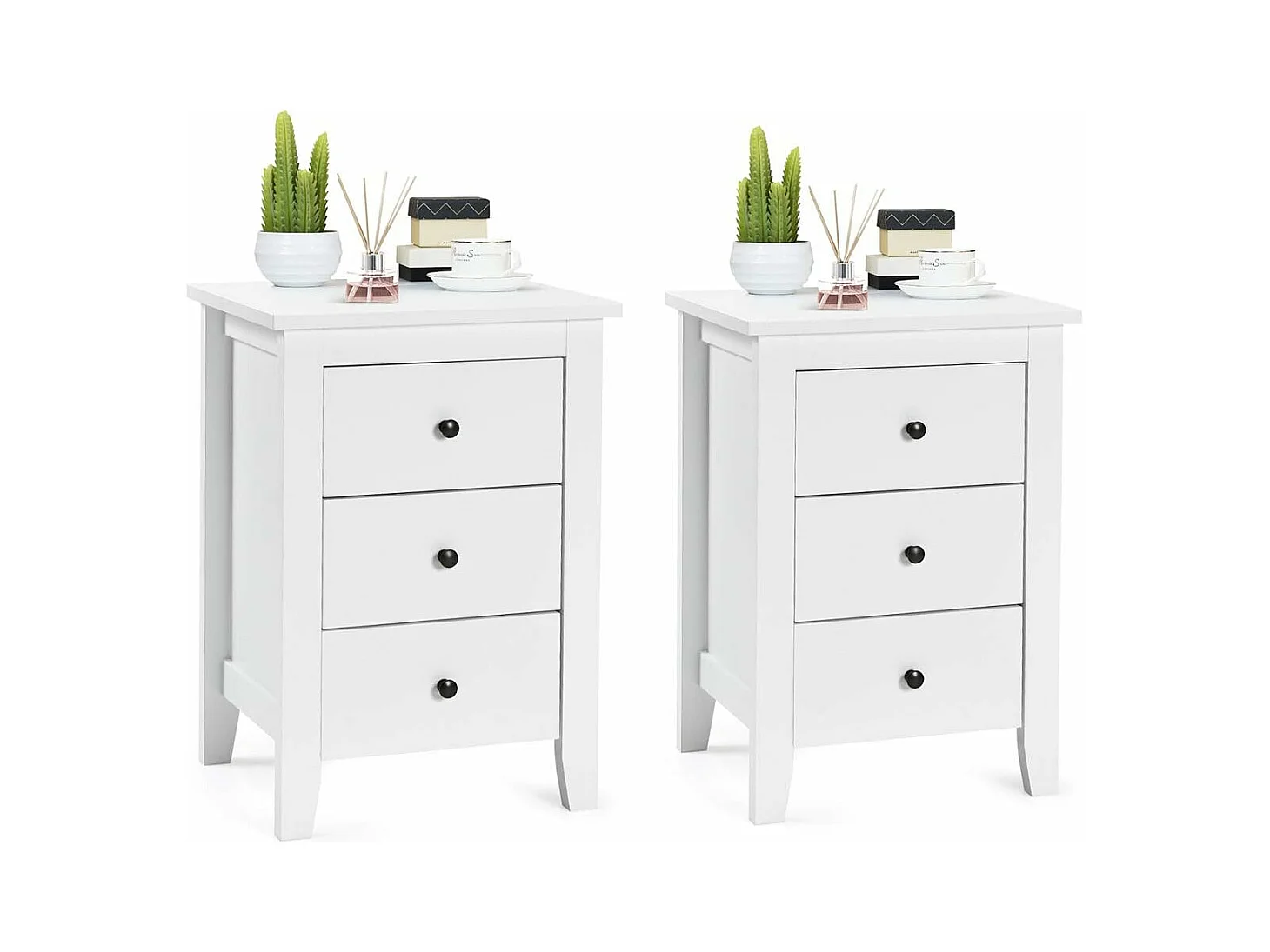 Table de Chevet Lot de 2 avec 3 Tiroirs, Table de Nuit Moderne pour Chambre à Coucher, Bout de Canapé pour Salon, 46 x 37 x 65 cm, Blanc