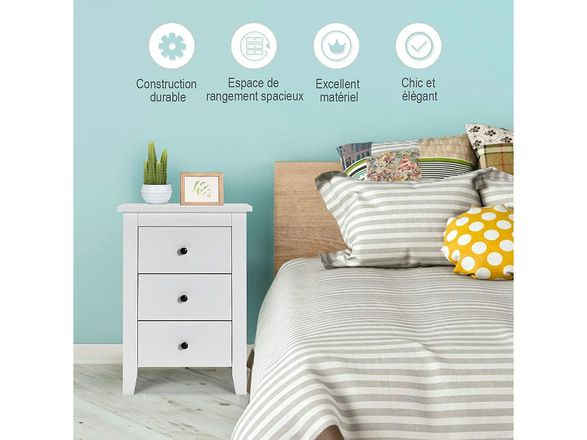 Table de Chevet Lot de 2 avec 3 Tiroirs, Table de Nuit Moderne pour Chambre à Coucher, Bout de Canapé pour Salon, 46 x 37 x 65 cm, Blanc