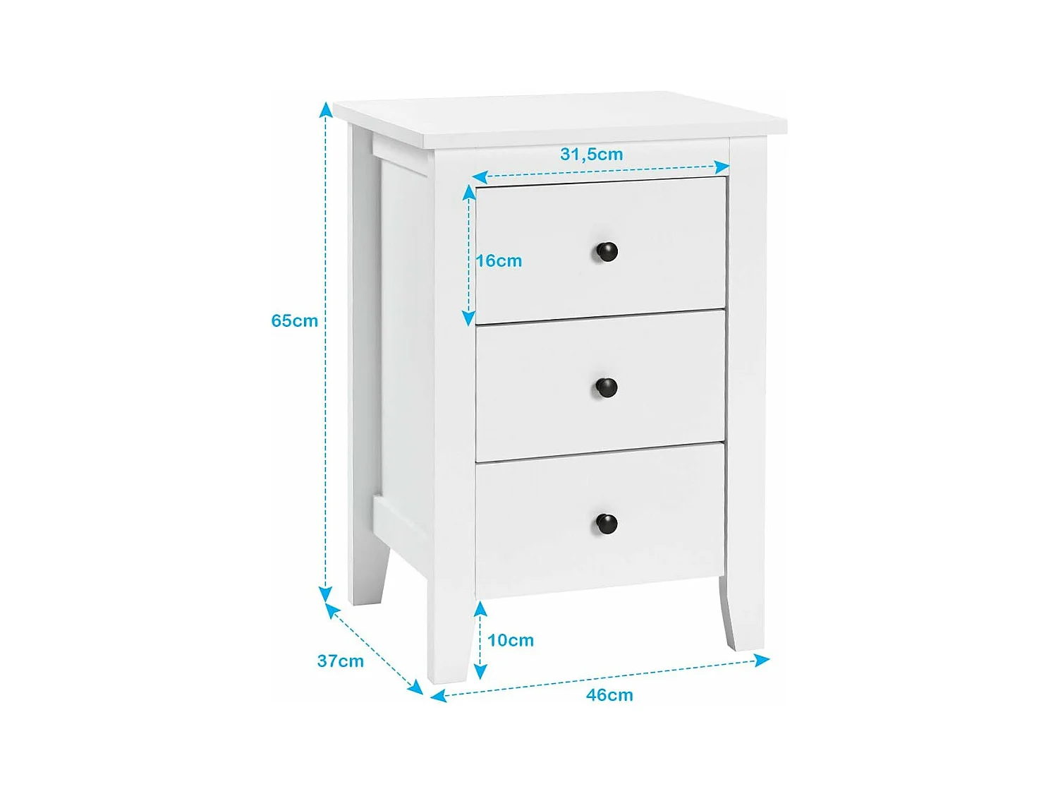 Table de Chevet Lot de 2 avec 3 Tiroirs, Table de Nuit Moderne pour Chambre à Coucher, Bout de Canapé pour Salon, 46 x 37 x 65 cm, Blanc