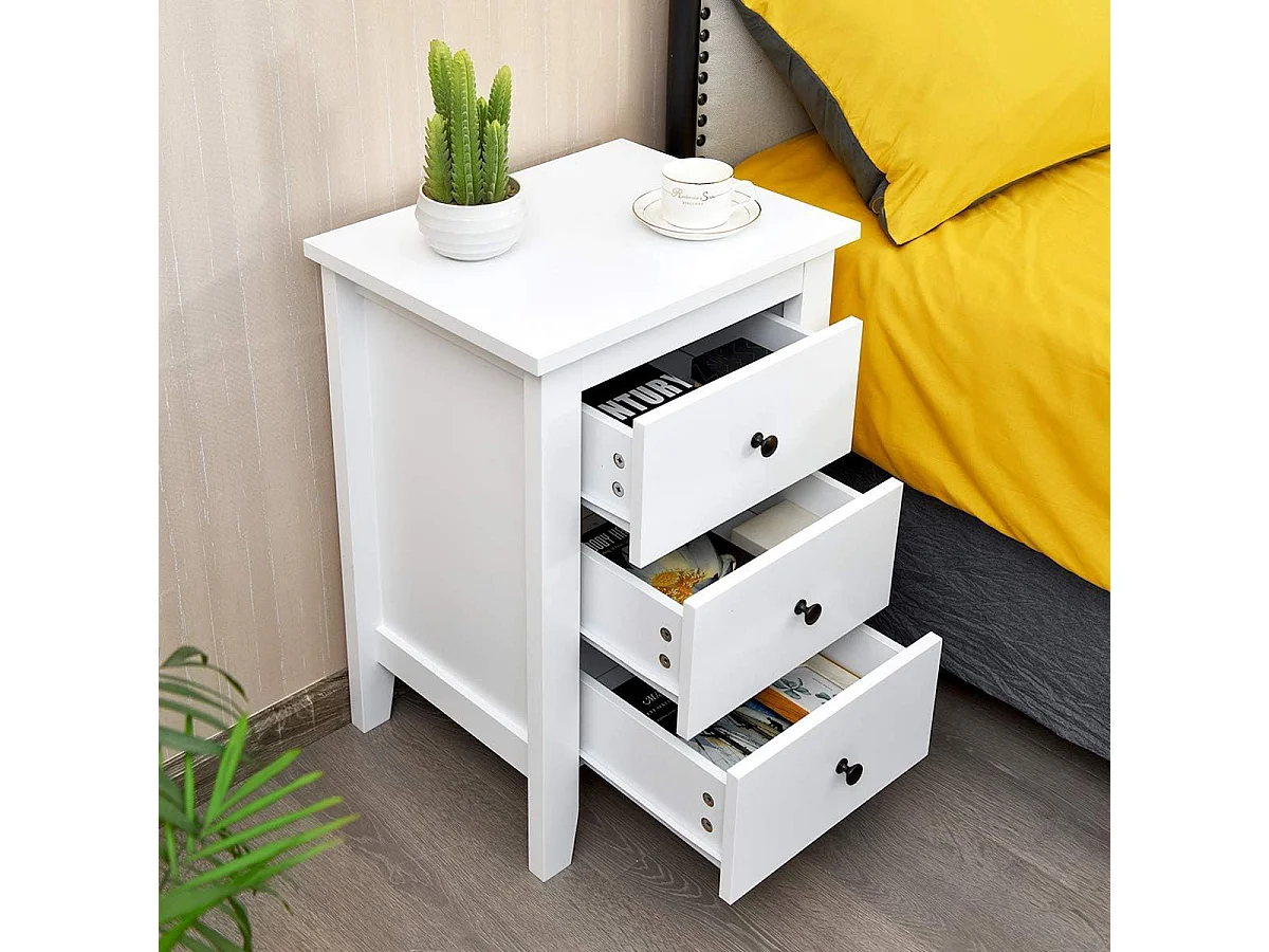 Table de Chevet Lot de 2 avec 3 Tiroirs, Table de Nuit Moderne pour Chambre à Coucher, Bout de Canapé pour Salon, 46 x 37 x 65 cm, Blanc