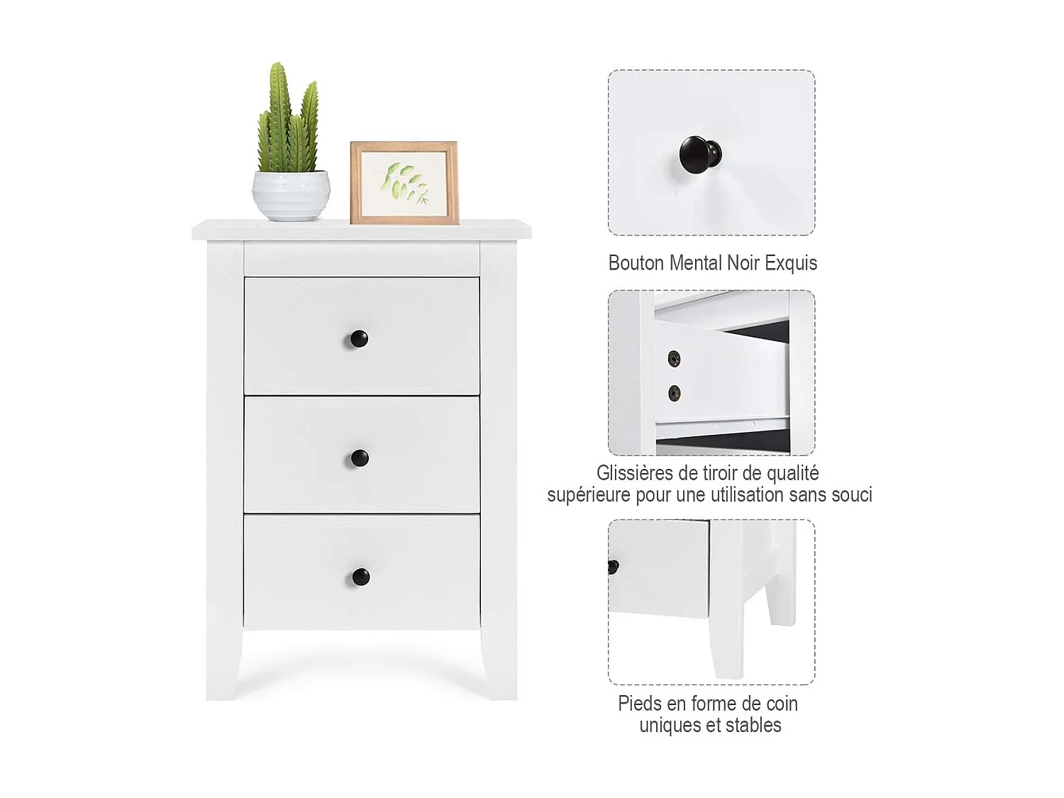 Table de Chevet Lot de 2 avec 3 Tiroirs, Table de Nuit Moderne pour Chambre à Coucher, Bout de Canapé pour Salon, 46 x 37 x 65 cm, Blanc