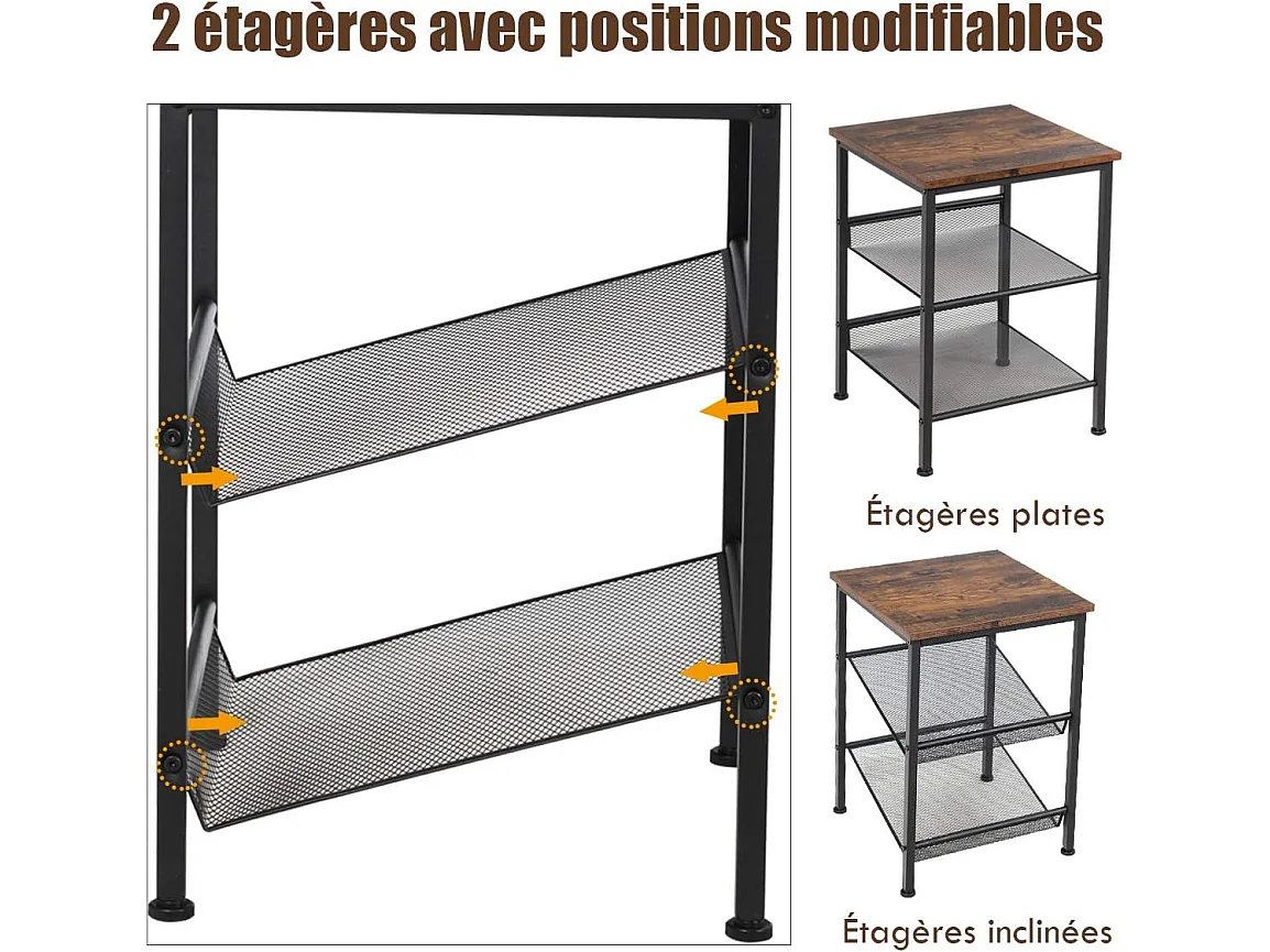 Table de Chevet Table de Nuit de Style Industriel,Amarture Métallique à 3 Niveaux 2 Etagères Réglables,Table d'Appoint pour Chambre et Salon