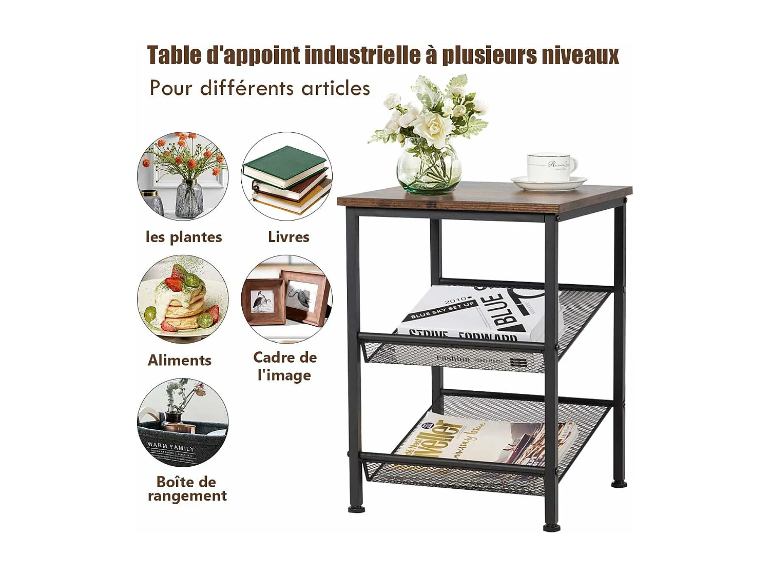 Table de Chevet Table de Nuit de Style Industriel,Amarture Métallique à 3 Niveaux 2 Etagères Réglables,Table d'Appoint pour Chambre et Salon