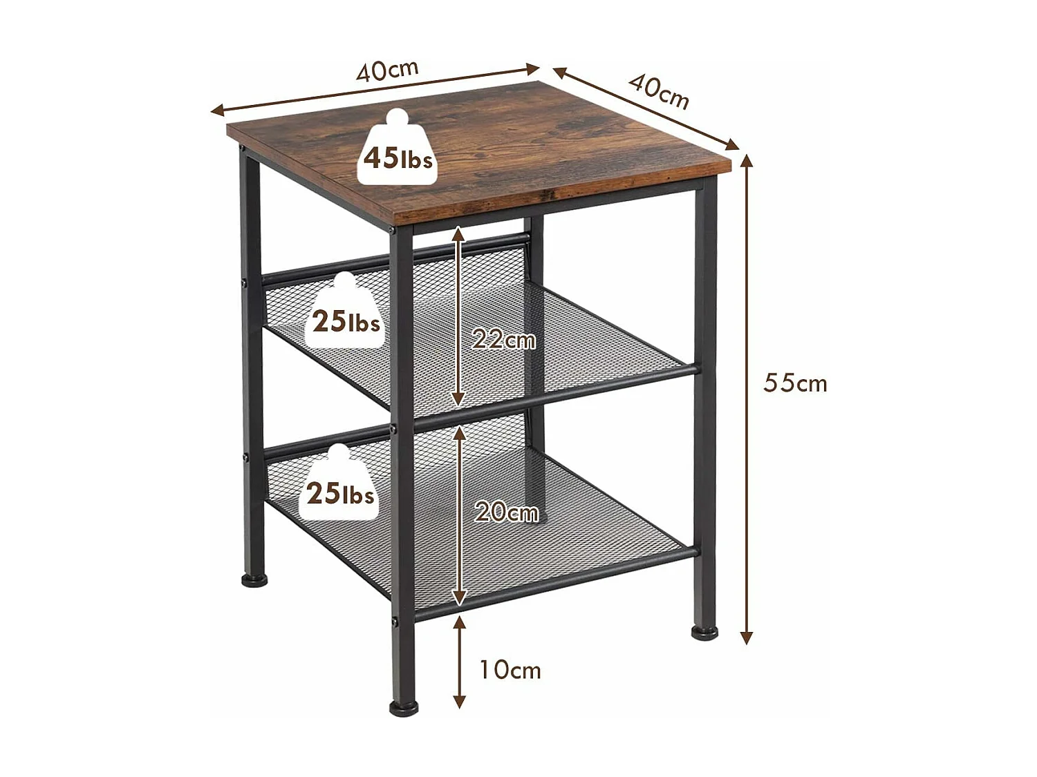 Table de Chevet Table de Nuit de Style Industriel,Amarture Métallique à 3 Niveaux 2 Etagères Réglables,Table d'Appoint pour Chambre et Salon