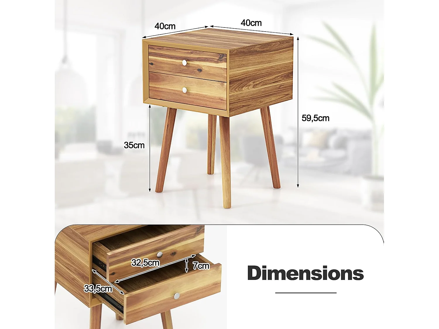 Table de Chevet avec 2 Tiroirs, Table de Nuit Scandinave en Bois pour Salon, Chambre, Couloir, Bureau, 40 x 40 x 59,5 cm Naturel