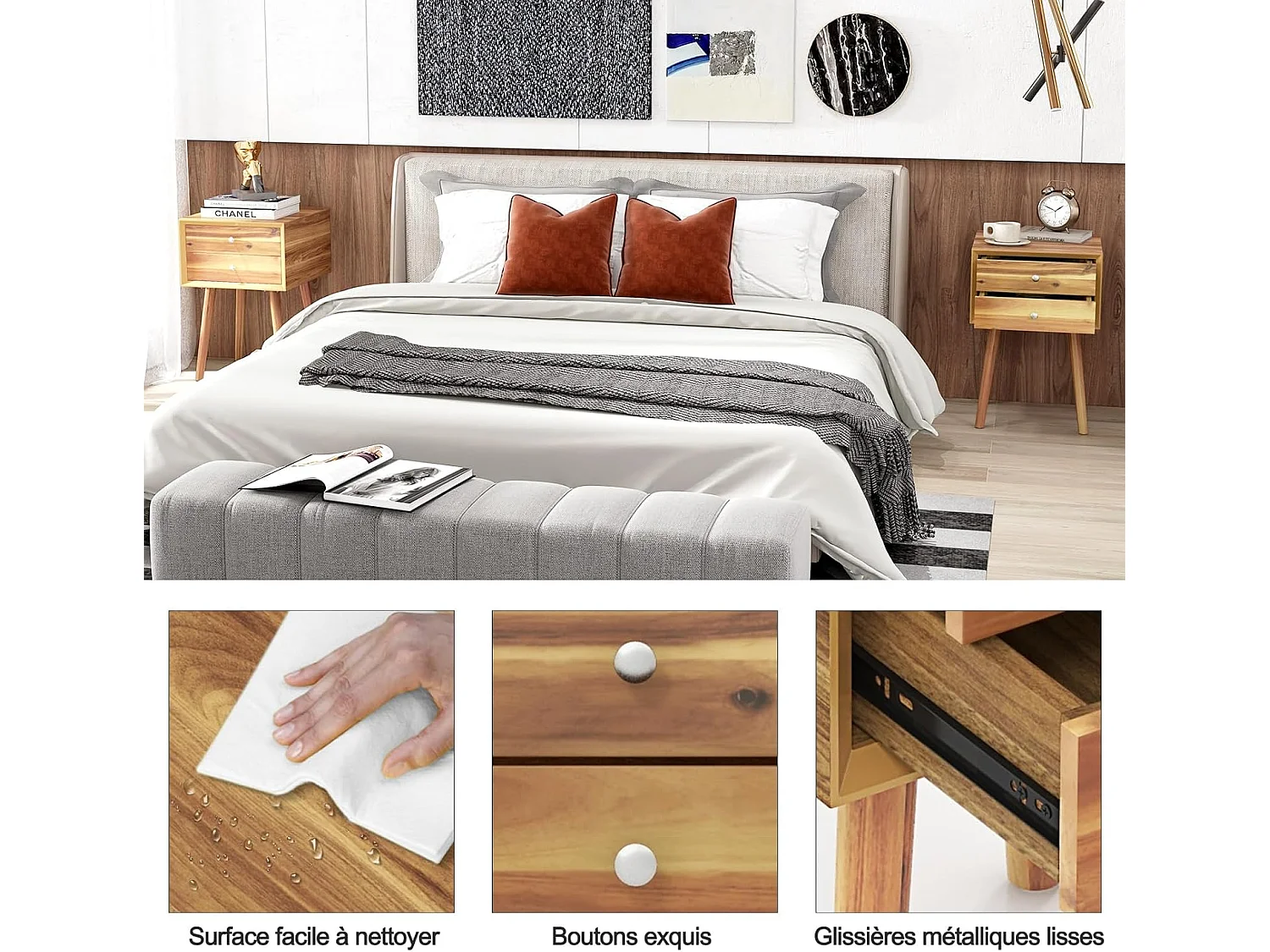 Table de Chevet avec 2 Tiroirs, Table de Nuit Scandinave en Bois pour Salon, Chambre, Couloir, Bureau, 40 x 40 x 59,5 cm Naturel