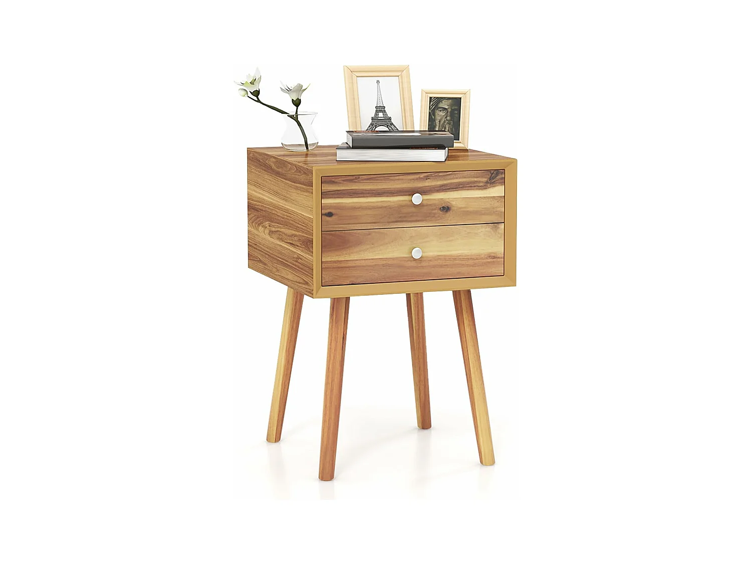 Table de Chevet avec 2 Tiroirs, Table de Nuit Scandinave en Bois pour Salon, Chambre, Couloir, Bureau, 40 x 40 x 59,5 cm Naturel