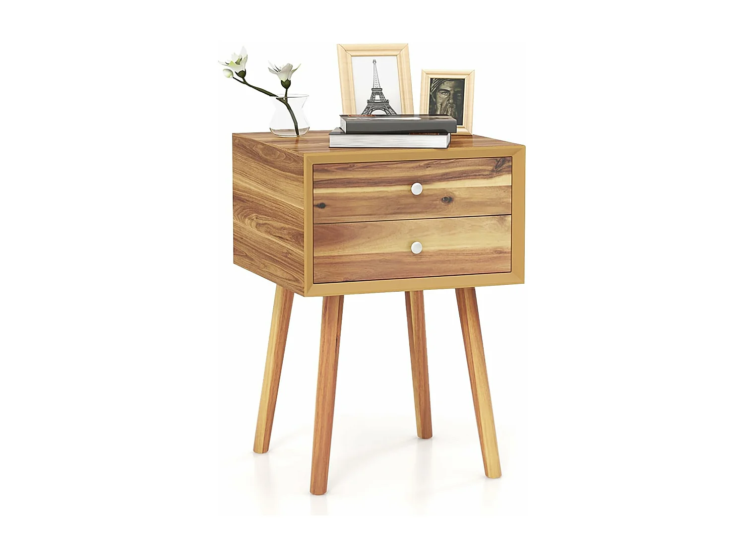 Table de Chevet avec 2 Tiroirs, Table de Nuit Scandinave en Bois pour Salon, Chambre, Couloir, Bureau, 40 x 40 x 59,5 cm Naturel