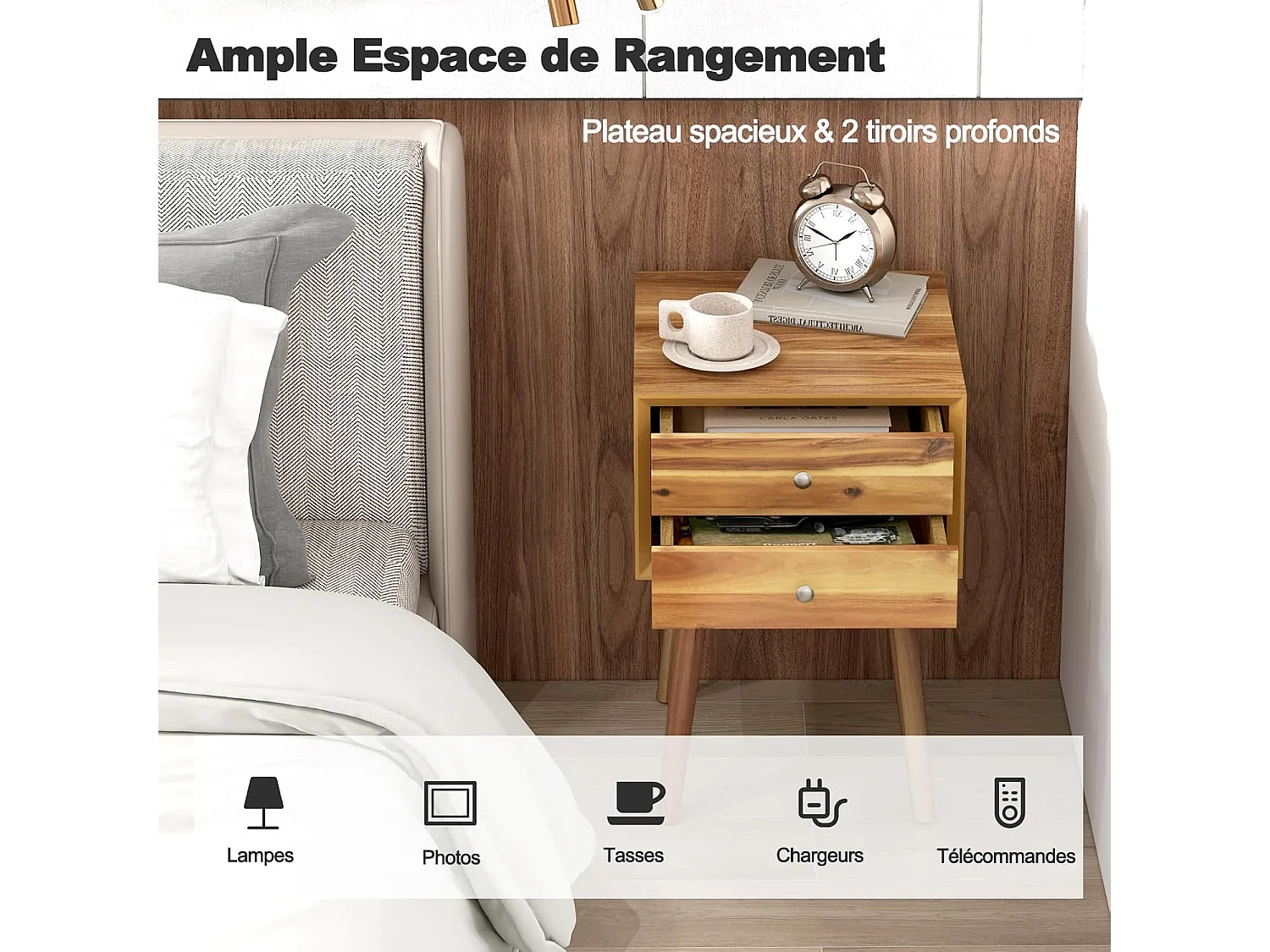 Table de Chevet avec 2 Tiroirs, Table de Nuit Scandinave en Bois pour Salon, Chambre, Couloir, Bureau, 40 x 40 x 59,5 cm Naturel