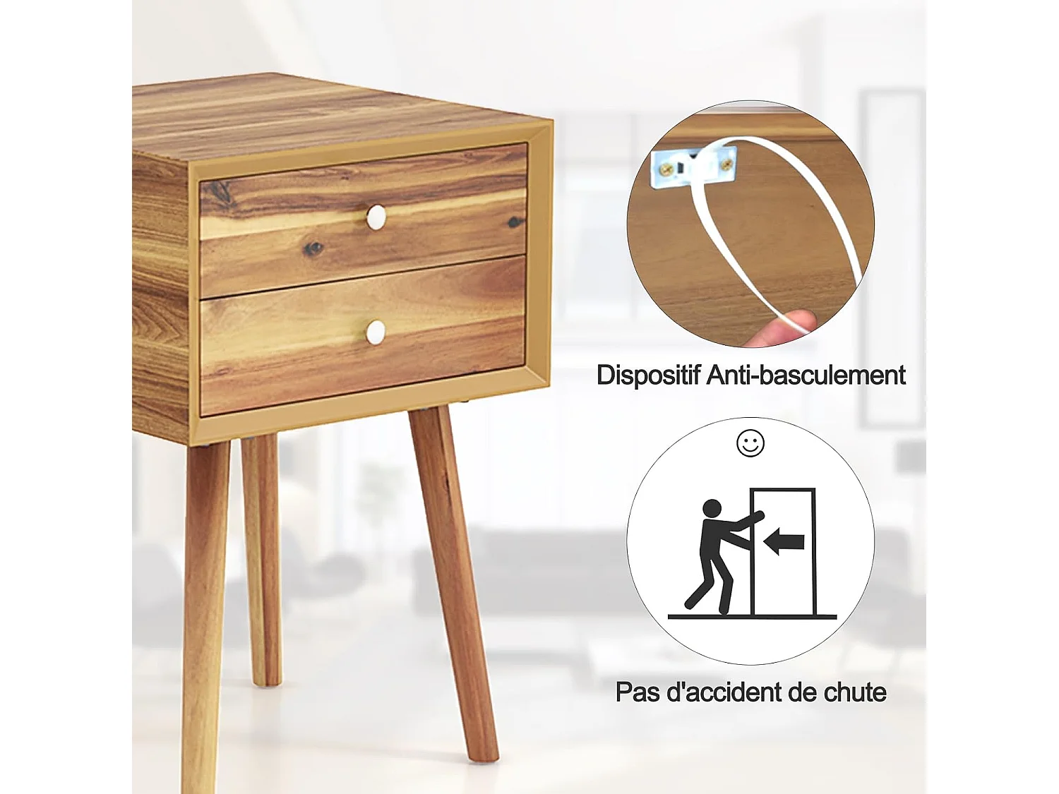 Table de Chevet avec 2 Tiroirs, Table de Nuit Scandinave en Bois pour Salon, Chambre, Couloir, Bureau, 40 x 40 x 59,5 cm Naturel