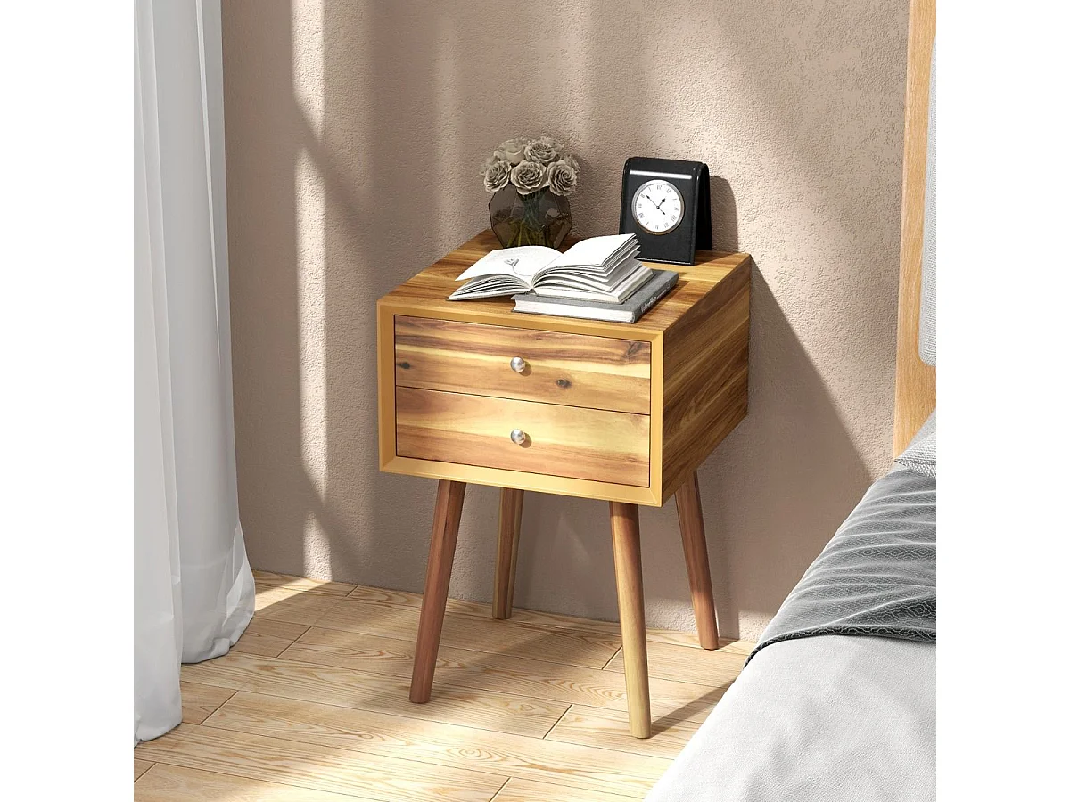 Table de Chevet avec 2 Tiroirs, Table de Nuit Scandinave en Bois pour Salon, Chambre, Couloir, Bureau, 40 x 40 x 59,5 cm（Marron Rustique)