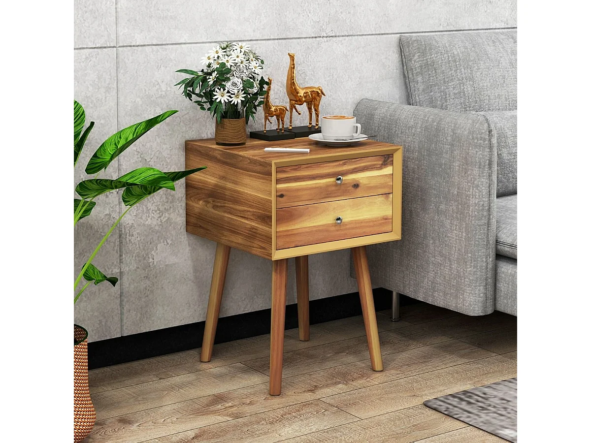 Table de Chevet avec 2 Tiroirs, Table de Nuit Scandinave en Bois pour Salon, Chambre, Couloir, Bureau, 40 x 40 x 59,5 cm（Marron Rustique)