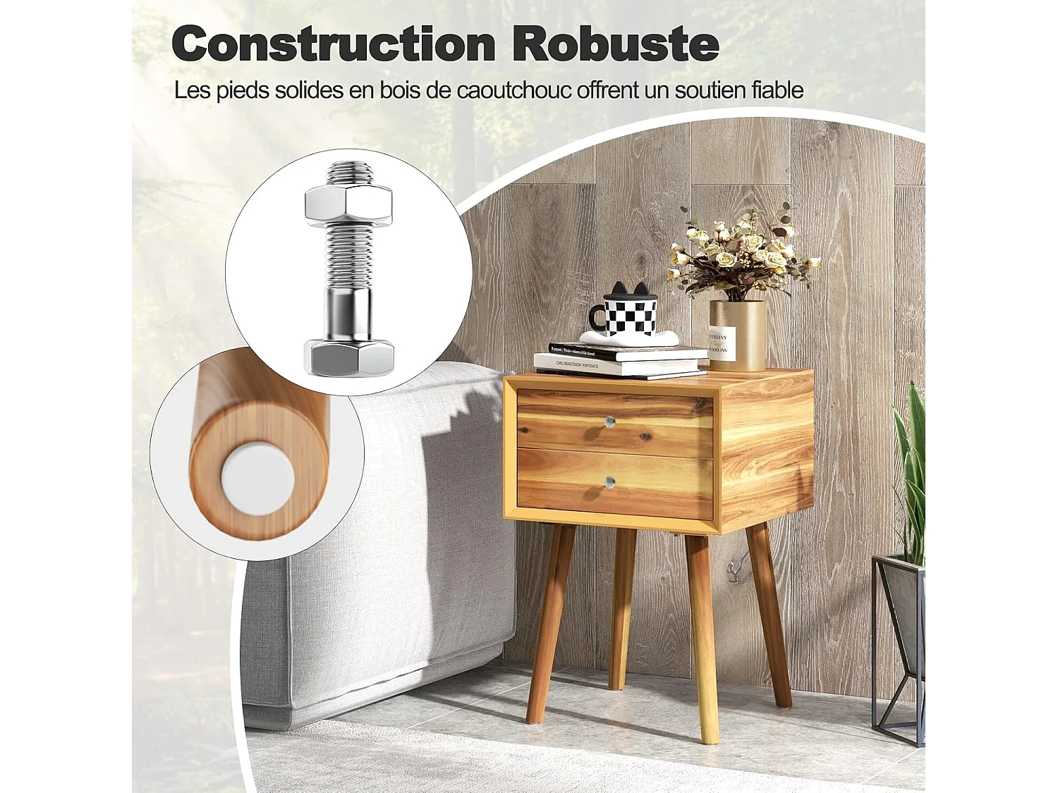 Table de Chevet avec 2 Tiroirs, Table de Nuit Scandinave en Bois pour Salon, Chambre, Couloir, Bureau, 40 x 40 x 59,5 cm（Marron Rustique)