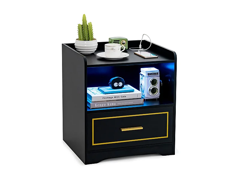 Table de Chevet LED avec 1 Port USB et 1 Port type-C, Table de Nuit Lumineuse 3 Couleurs Réglables avec Compartiment, Capteur Intelligent, 45 x 40 x 50 cm (1, Noir)