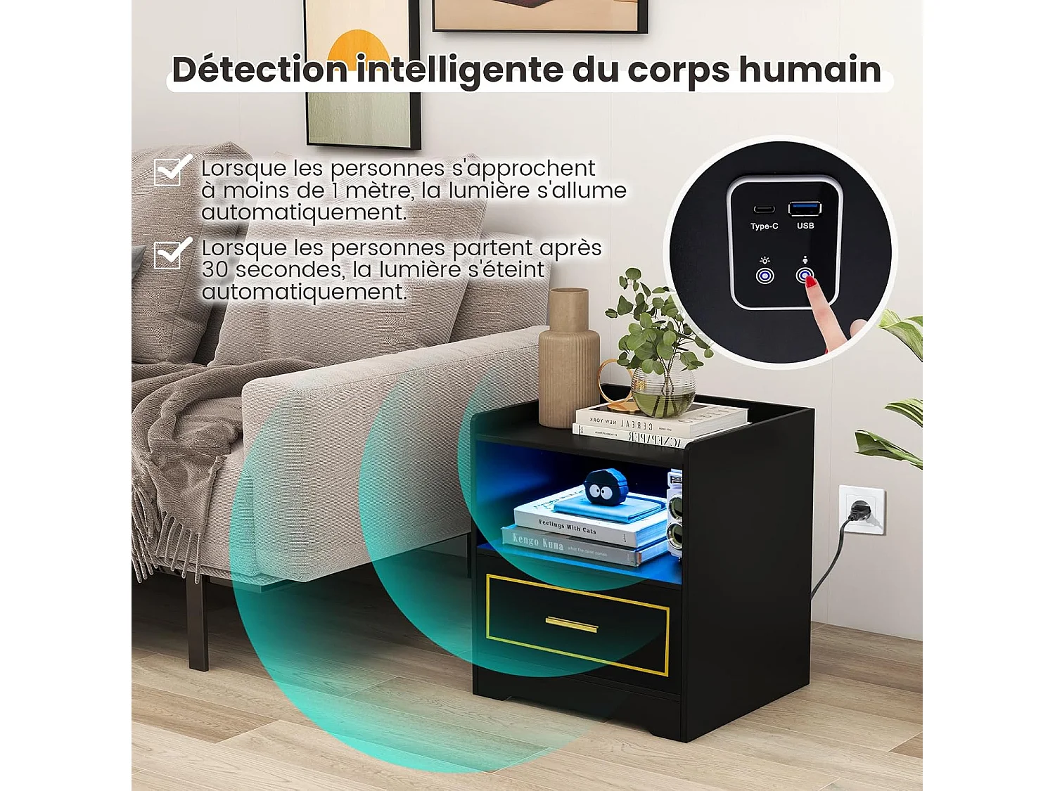 Table de Chevet LED avec 1 Port USB et 1 Port type-C, Table de Nuit Lumineuse 3 Couleurs Réglables avec Compartiment, Capteur Intelligent, 45 x 40 x 50 cm (1, Noir)