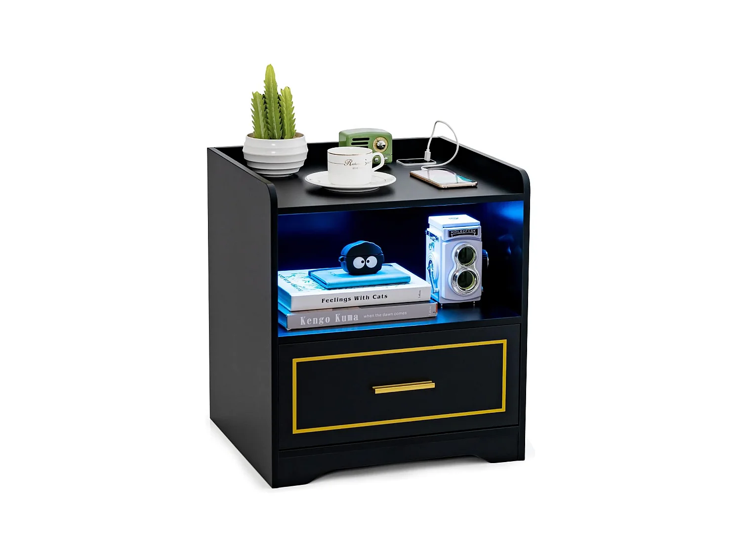 Table de Chevet LED avec 1 Port USB et 1 Port type-C, Table de Nuit Lumineuse 3 Couleurs Réglables avec Compartiment, Capteur Intelligent, 45 x 40 x 50 cm (1, Noir)
