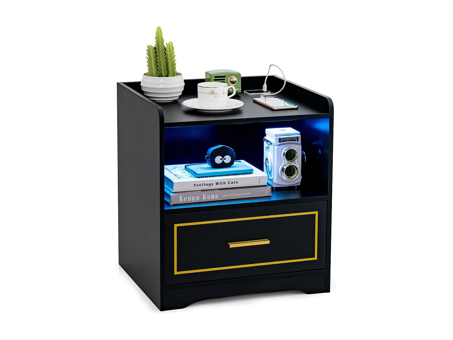 Table de Chevet LED avec 1 Port USB et 1 Port type-C, Table de Nuit Lumineuse 3 Couleurs Réglables avec Compartiment, Capteur Intelligent, 45 x 40 x 50 cm (1, Noir)