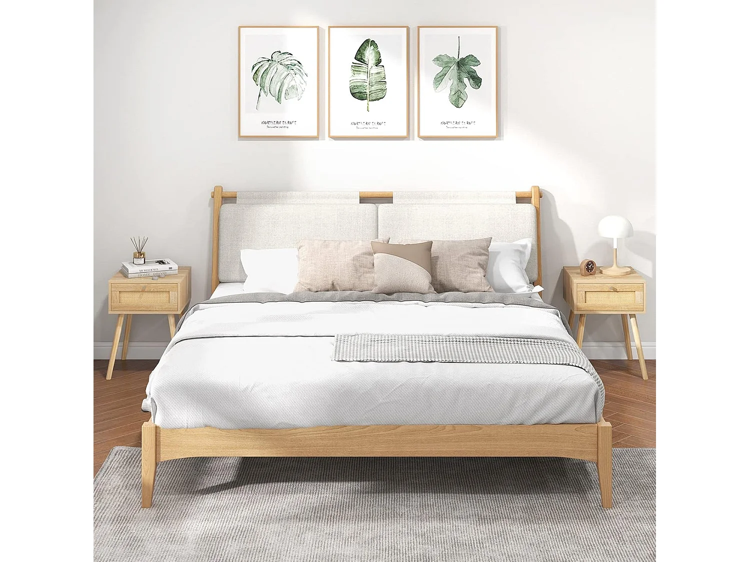 Table de Chevet en Rotin, Table de Nuit Bois avec Tiroir et 4 Pieds en Pin, Chevet de Lit pour Chambre, Salon, Style Naturel, 40 x 40 x 55 cm