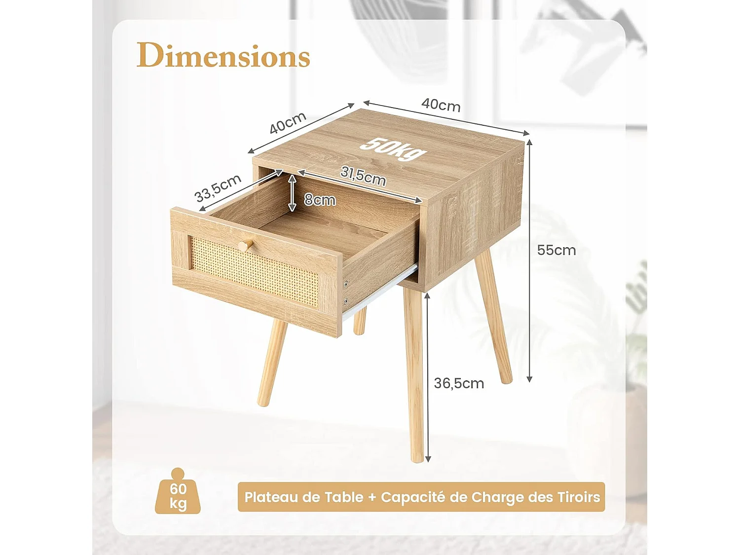 Table de Chevet en Rotin, Table de Nuit Bois avec Tiroir et 4 Pieds en Pin, Chevet de Lit pour Chambre, Salon, Style Naturel, 40 x 40 x 55 cm