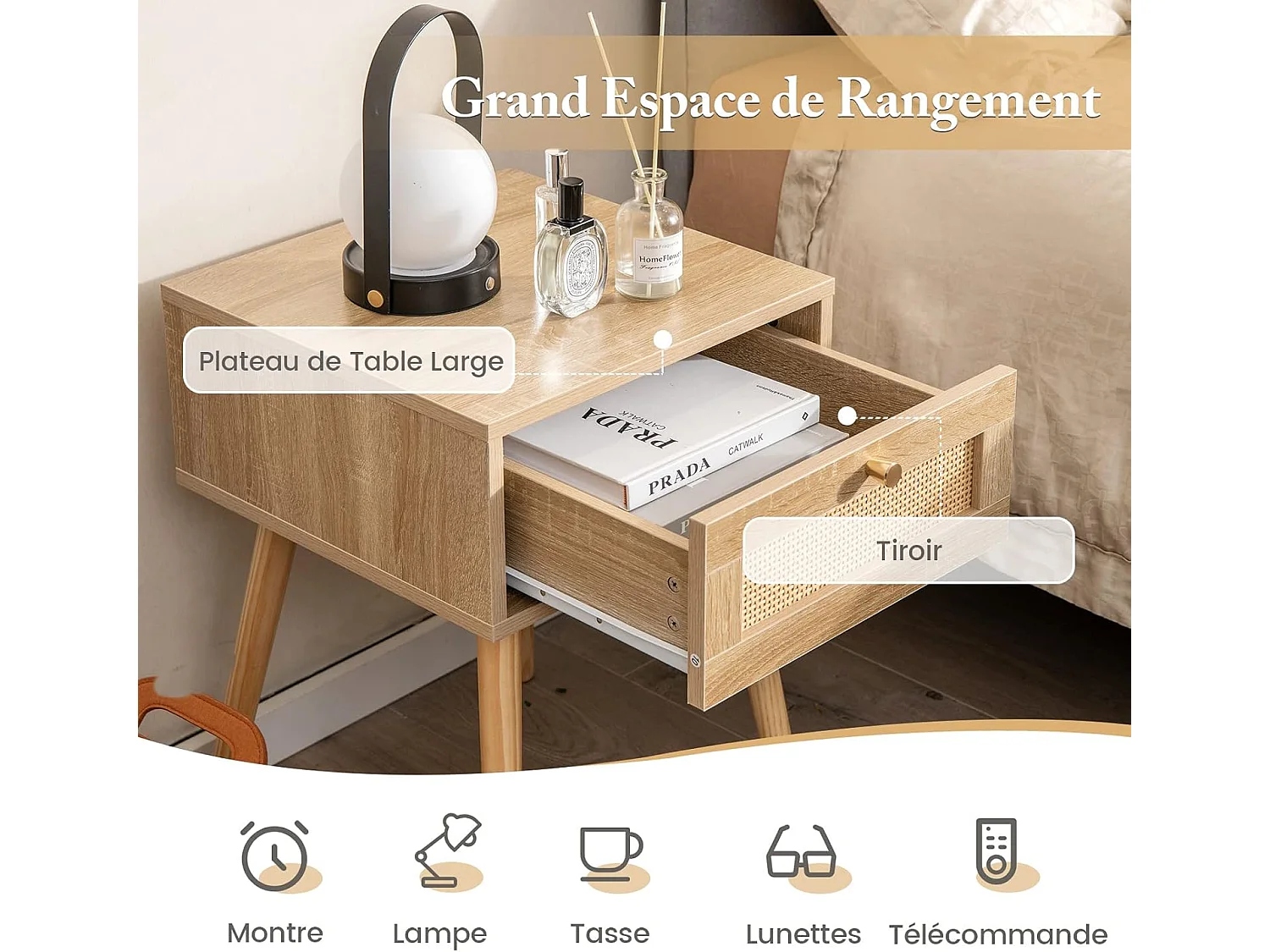 Table de Chevet en Rotin, Table de Nuit Bois avec Tiroir et 4 Pieds en Pin, Chevet de Lit pour Chambre, Salon, Style Naturel, 40 x 40 x 55 cm