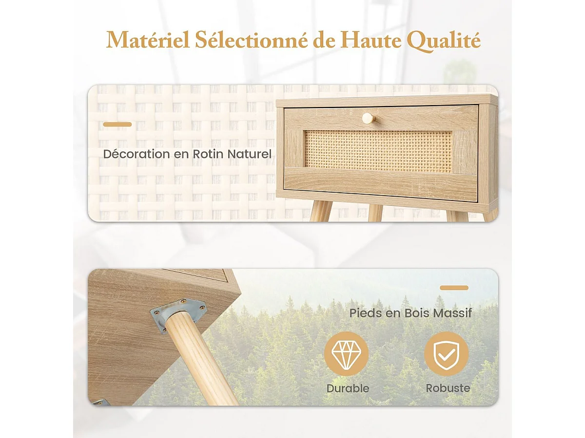 Table de Chevet en Rotin, Table de Nuit Bois avec Tiroir et 4 Pieds en Pin, Chevet de Lit pour Chambre, Salon, Style Naturel, 40 x 40 x 55 cm