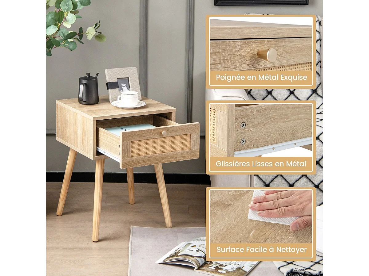Table de Chevet en Rotin, Table de Nuit Bois avec Tiroir et 4 Pieds en Pin, Chevet de Lit pour Chambre, Salon, Style Naturel, 40 x 40 x 55 cm