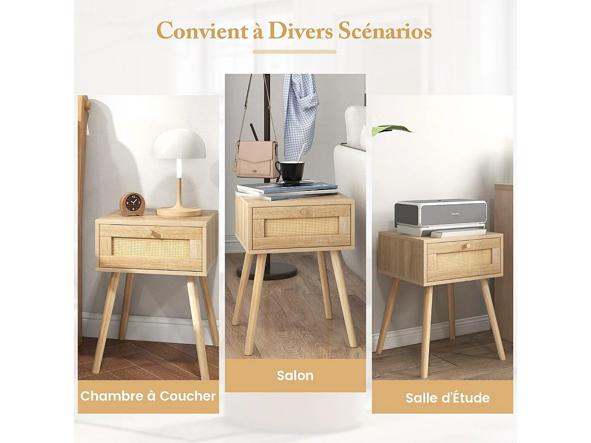 Table de Chevet en Rotin, Table de Nuit Bois avec Tiroir et 4 Pieds en Pin, Chevet de Lit pour Chambre, Salon, Style Naturel, 40 x 40 x 55 cm
