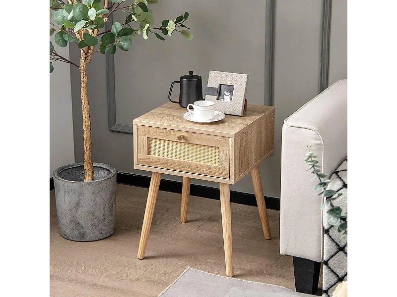 Table de Chevet en Rotin, Table de Nuit Bois avec Tiroir et 4 Pieds en Pin, Chevet de Lit pour Chambre, Salon, Style Naturel, 40 x 40 x 55 cm