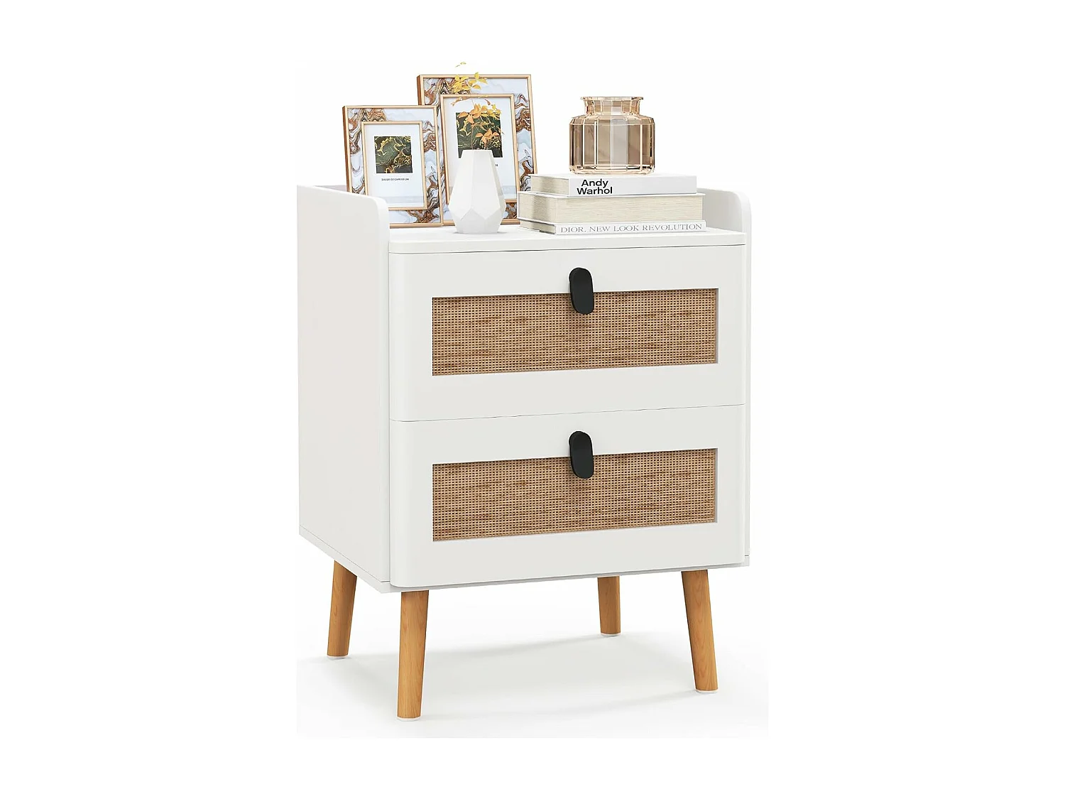 Commode 2 Tiroirs, Table de Chevet avec Pieds en Bois Massif, Poignée Noir Design, Tiroir en Rotin Bohème, Petite Commode Scandinave, Blanc(2 Tiroirs)