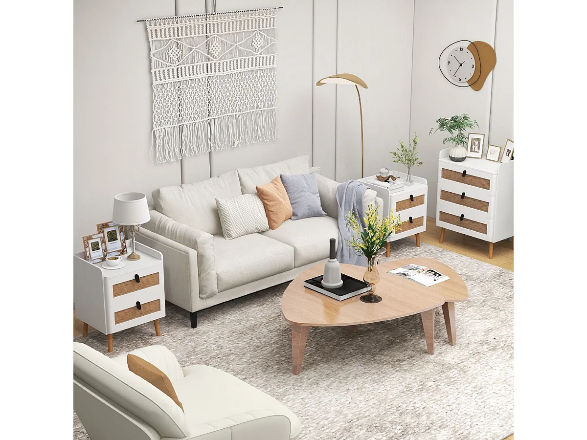 Commode 2 Tiroirs, Table de Chevet avec Pieds en Bois Massif, Poignée Noir Design, Tiroir en Rotin Bohème, Petite Commode Scandinave, Blanc(2 Tiroirs)