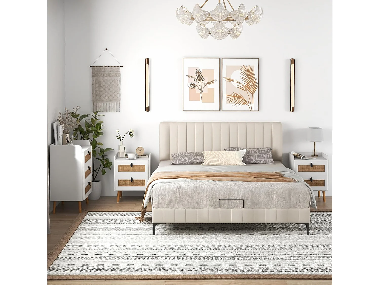 Commode 2 Tiroirs, Table de Chevet avec Pieds en Bois Massif, Poignée Noir Design, Tiroir en Rotin Bohème, Petite Commode Scandinave, Blanc(2 Tiroirs)