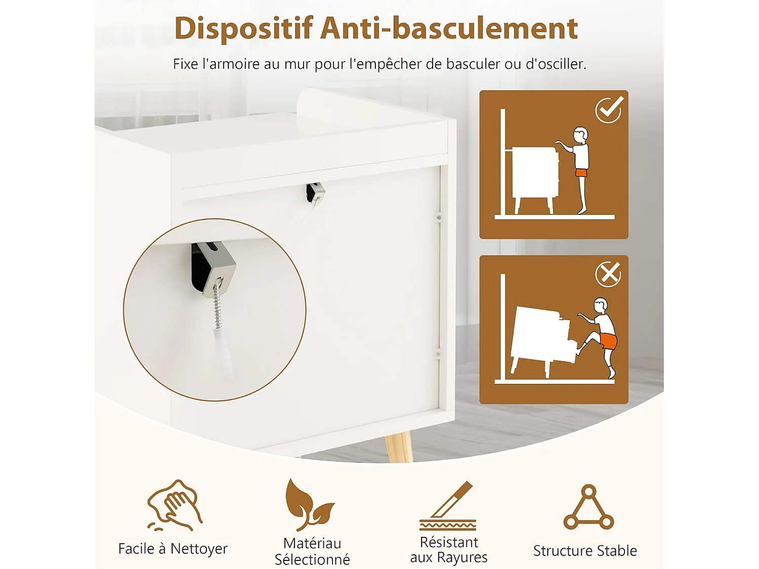 Commode 2 Tiroirs, Table de Chevet avec Pieds en Bois Massif, Poignée Noir Design, Tiroir en Rotin Bohème, Petite Commode Scandinave, Blanc(2 Tiroirs)