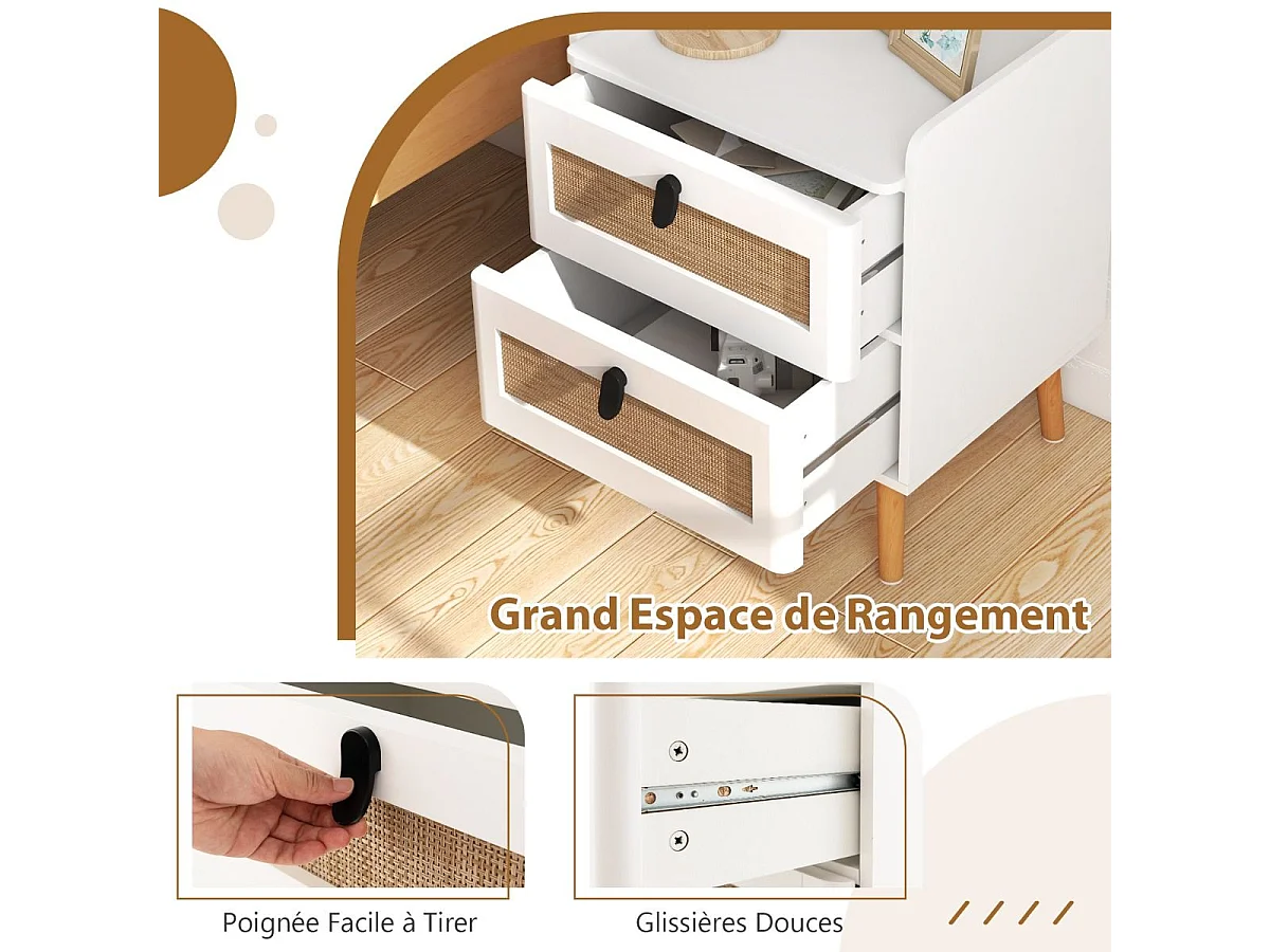 Commode 2 Tiroirs, Table de Chevet avec Pieds en Bois Massif, Poignée Noir Design, Tiroir en Rotin Bohème, Petite Commode Scandinave, Blanc(2 Tiroirs)