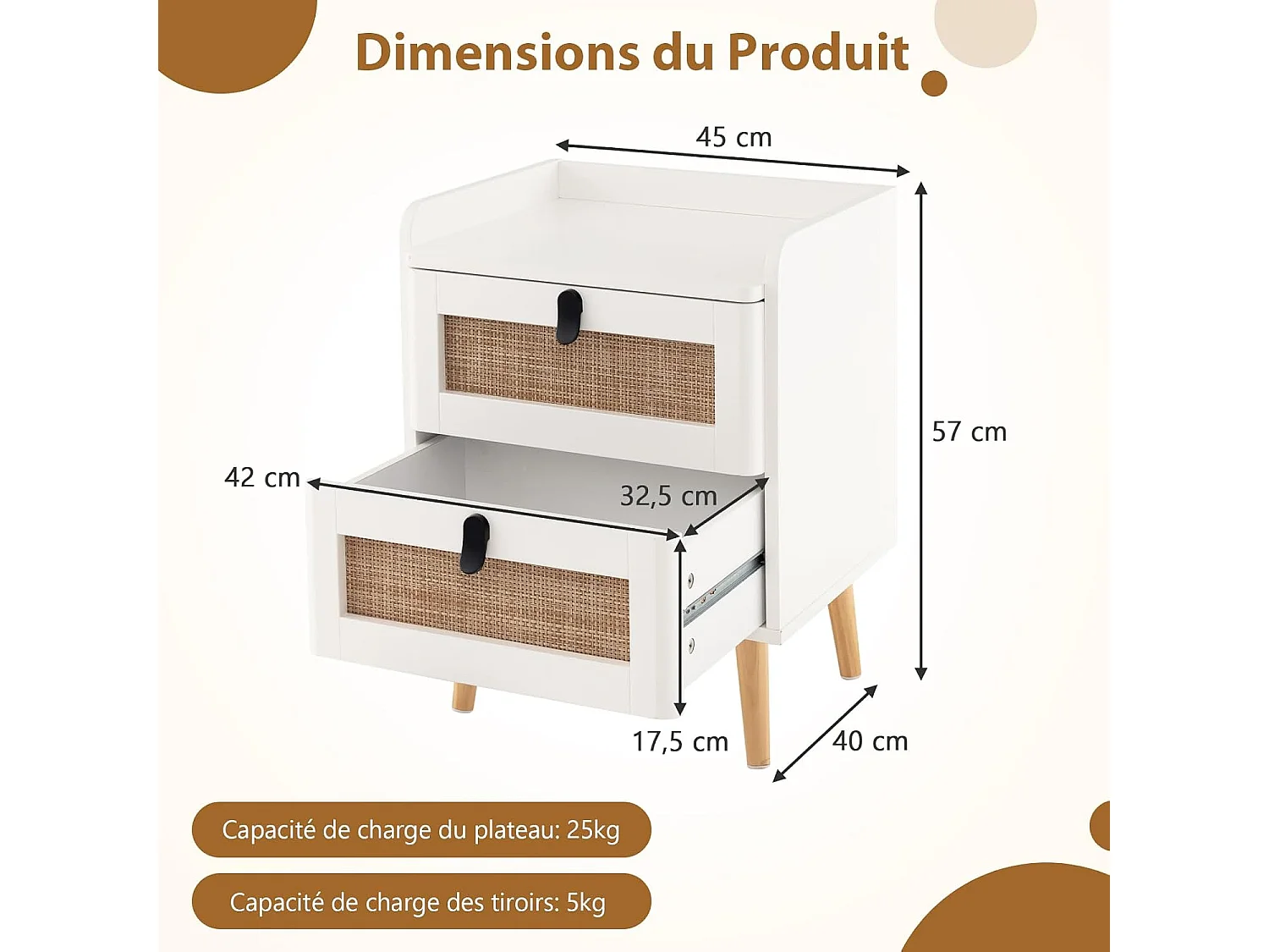 Commode 2 Tiroirs, Table de Chevet avec Pieds en Bois Massif, Poignée Noir Design, Tiroir en Rotin Bohème, Petite Commode Scandinave, Blanc(2 Tiroirs)