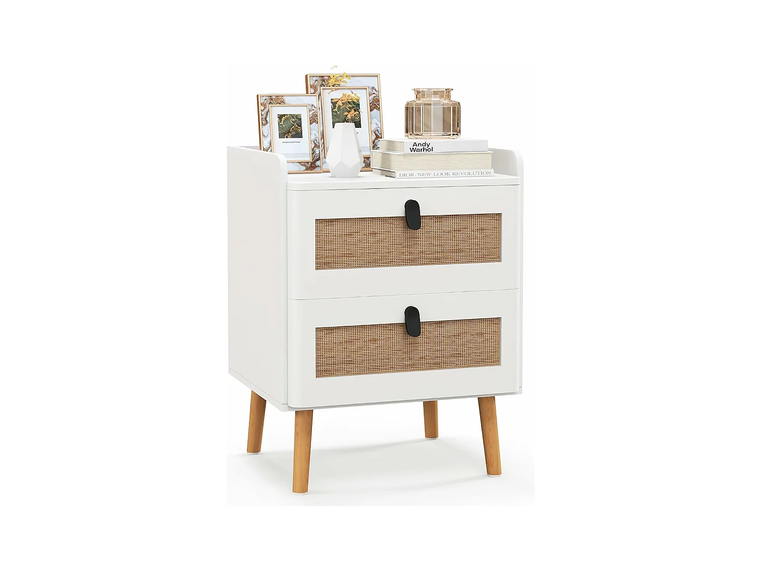 Commode 2 Tiroirs, Table de Chevet avec Pieds en Bois Massif, Poignée Noir Design, Tiroir en Rotin Bohème, Petite Commode Scandinave, Blanc(2 Tiroirs)