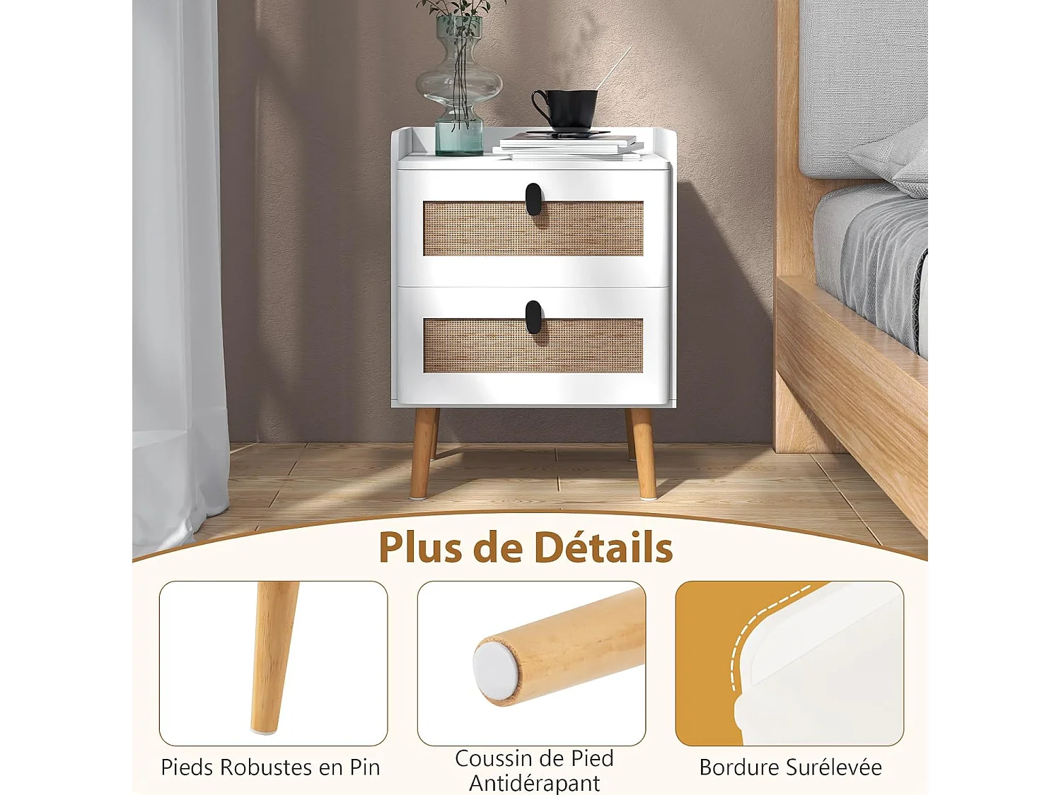 Commode 2 Tiroirs, Table de Chevet avec Pieds en Bois Massif, Poignée Noir Design, Tiroir en Rotin Bohème, Petite Commode Scandinave, Blanc(2 Tiroirs)